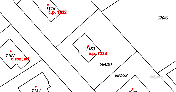 Hlubočinka 1234, Sulice na parcele st. 1153 v KÚ Sulice, Katastrální mapa