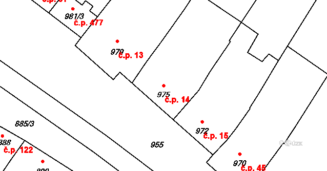 Moravský Žižkov 14 na parcele st. 975 v KÚ Moravský Žižkov, Katastrální mapa