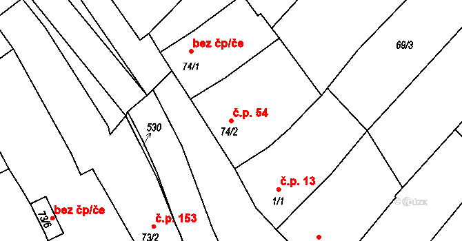 Žopy 54, Holešov na parcele st. 74/2 v KÚ Žopy, Katastrální mapa