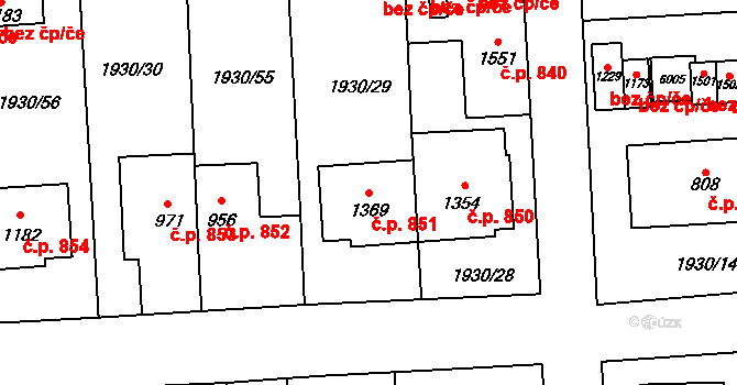 Hrušovany nad Jevišovkou 851 na parcele st. 1369 v KÚ Hrušovany nad Jevišovkou, Katastrální mapa