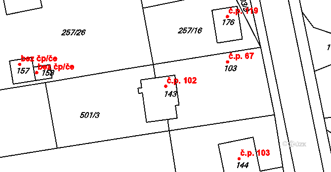 Chvalovice 102, Kovanice na parcele st. 143 v KÚ Chvalovice u Nymburka, Katastrální mapa