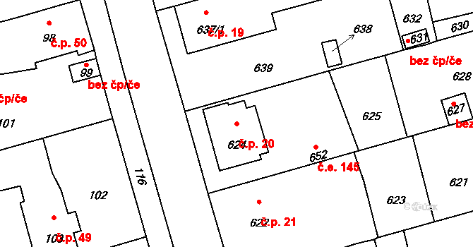 Horní Kosov 20, Jihlava na parcele st. 624 v KÚ Horní Kosov, Katastrální mapa