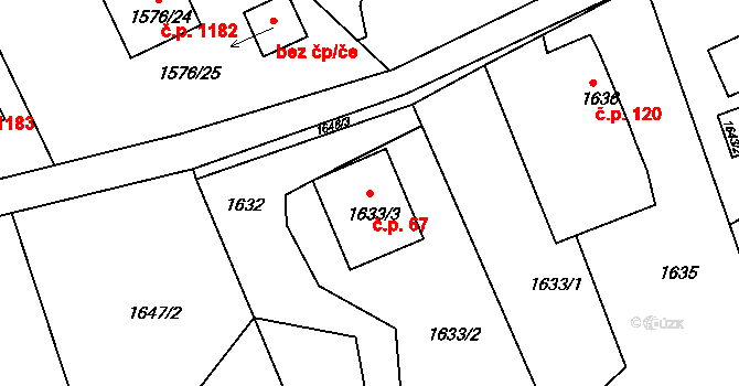 Lyžbice 67, Třinec na parcele st. 1633/3 v KÚ Lyžbice, Katastrální mapa