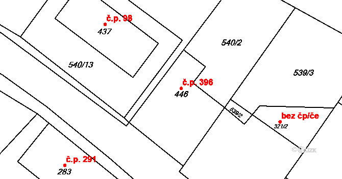 Rožďalovice 396 na parcele st. 446 v KÚ Rožďalovice, Katastrální mapa