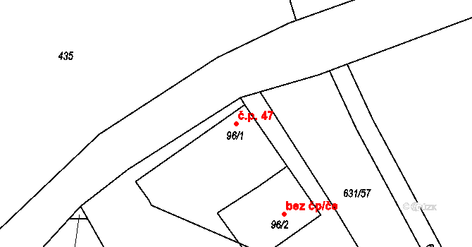 Mokrá Lhota 47, Bystřice na parcele st. 96/1 v KÚ Líšno, Katastrální mapa