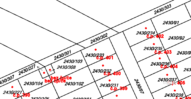 Dačice V 401, Dačice na parcele st. 2430/233 v KÚ Dačice, Katastrální mapa