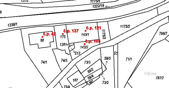 Heřmanice 105 na parcele st. 143/2 v KÚ Heřmanice u Frýdlantu, Katastrální mapa