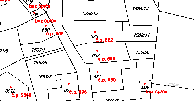 Hořice 608 na parcele st. 632 v KÚ Hořice v Podkrkonoší, Katastrální mapa