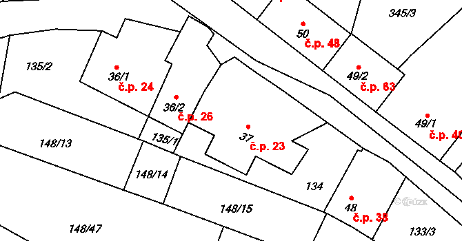 Pocoucov 23, Třebíč na parcele st. 37 v KÚ Pocoucov, Katastrální mapa