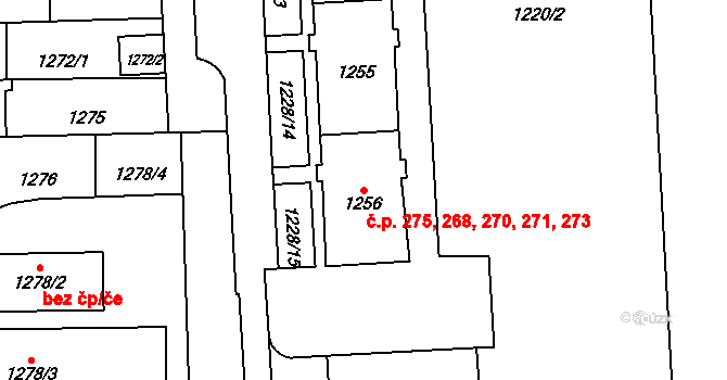 Štýřice 268,270,271,273,275, Brno na parcele st. 1256 v KÚ Štýřice, Katastrální mapa