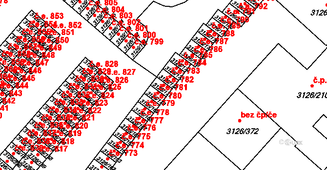 Pelhřimov 782 na parcele st. 3126/171 v KÚ Pelhřimov, Katastrální mapa