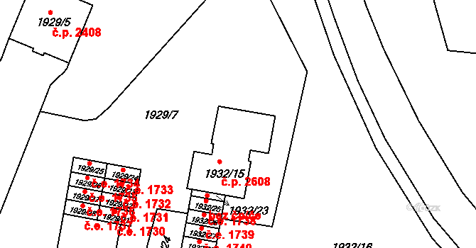 Teplice 2608 na parcele st. 1932/15 v KÚ Teplice, Katastrální mapa
