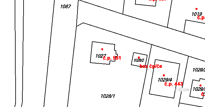 Paskov 551 na parcele st. 1027 v KÚ Paskov, Katastrální mapa