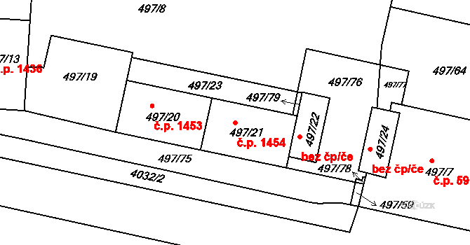 Dejvice 1454, Praha na parcele st. 497/21 v KÚ Dejvice, Katastrální mapa