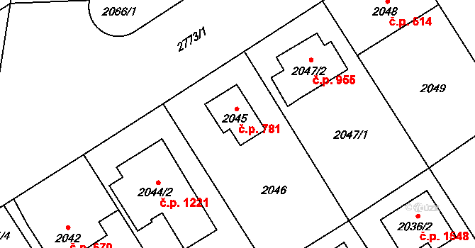 Kyje 781, Praha na parcele st. 2045 v KÚ Kyje, Katastrální mapa