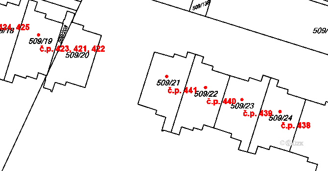 Horní Měcholupy 441, Praha na parcele st. 509/21 v KÚ Horní Měcholupy, Katastrální mapa