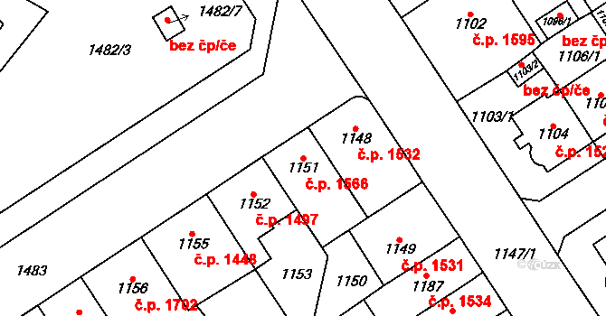 Chomutov 1566 na parcele st. 1151 v KÚ Chomutov I, Katastrální mapa