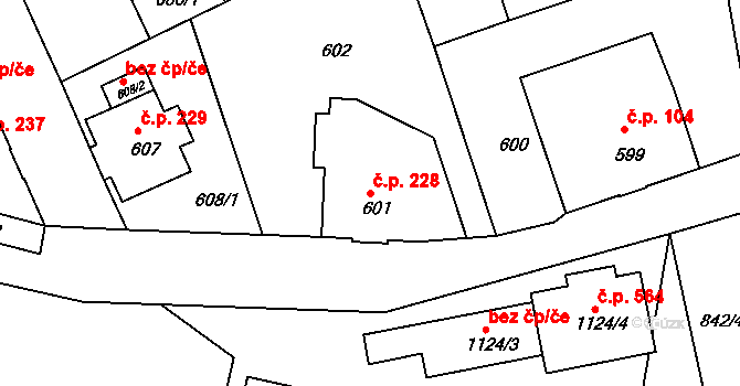 Liberec VII-Horní Růžodol 228, Liberec na parcele st. 601 v KÚ Horní Růžodol, Katastrální mapa