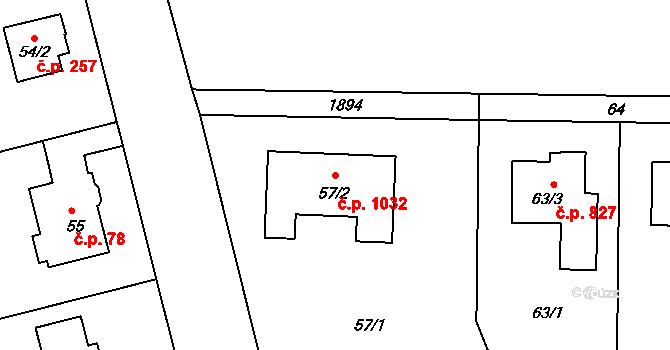Lhotka 1032, Praha na parcele st. 57/2 v KÚ Lhotka, Katastrální mapa