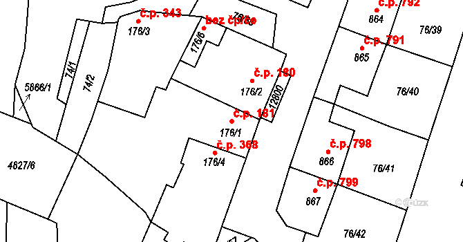 Hrušovany nad Jevišovkou 181 na parcele st. 176/1 v KÚ Hrušovany nad Jevišovkou, Katastrální mapa