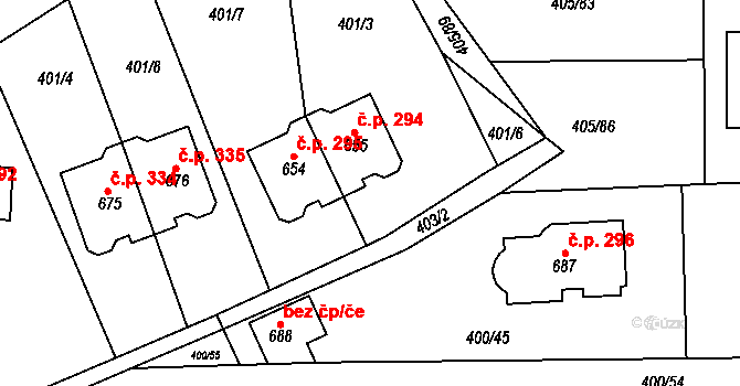 Třebotov 294 na parcele st. 655 v KÚ Třebotov, Katastrální mapa