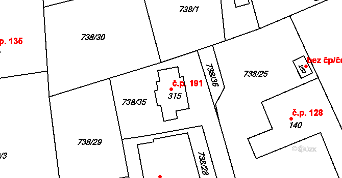 Hluboš 191 na parcele st. 315 v KÚ Hluboš, Katastrální mapa