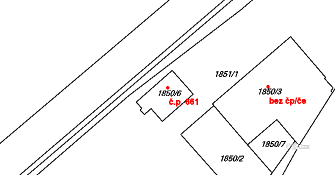 Modřice 661 na parcele st. 1850/6 v KÚ Modřice, Katastrální mapa