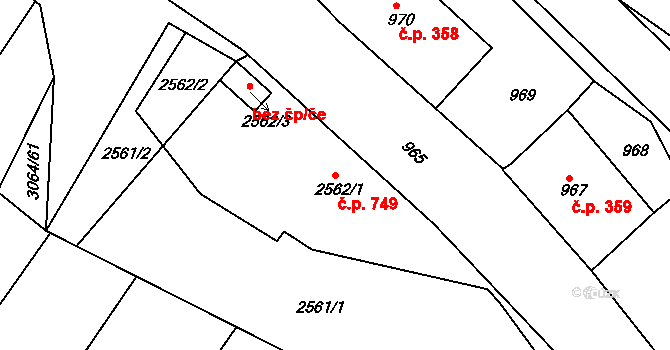 Jemnice 749 na parcele st. 2562/1 v KÚ Jemnice, Katastrální mapa