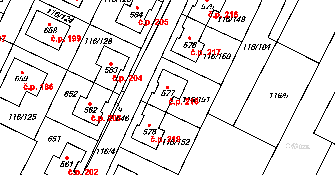 Horoušany 218 na parcele st. 577 v KÚ Horoušany, Katastrální mapa
