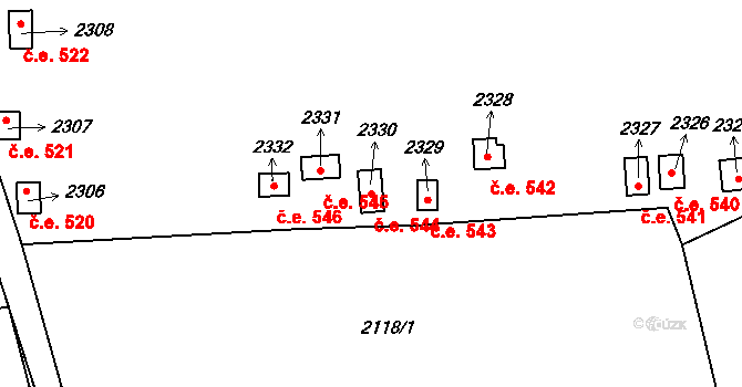 Pacov 544 na parcele st. 2330 v KÚ Pacov, Katastrální mapa