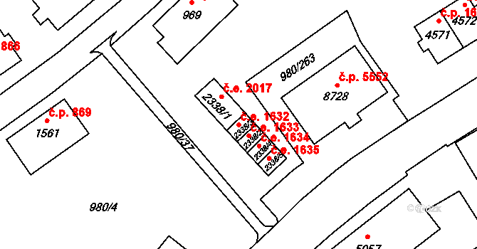 Zlín 1632 na parcele st. 2338/3 v KÚ Zlín, Katastrální mapa