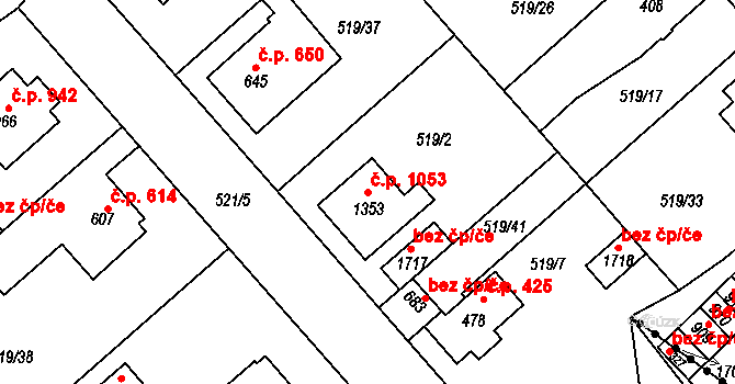 Neratovice 1053 na parcele st. 1353 v KÚ Neratovice, Katastrální mapa