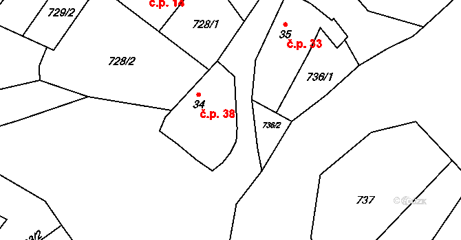 Šebířov 38 na parcele st. 34 v KÚ Šebířov, Katastrální mapa