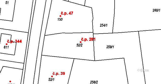 Velká Ves 281, Broumov na parcele st. 52/2 v KÚ Velká Ves u Broumova, Katastrální mapa