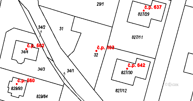Zruč 103, Zruč-Senec na parcele st. 32 v KÚ Zruč, Katastrální mapa