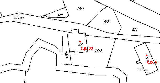 Debrné 33, Mostek na parcele st. 37 v KÚ Debrné u Mostku, Katastrální mapa
