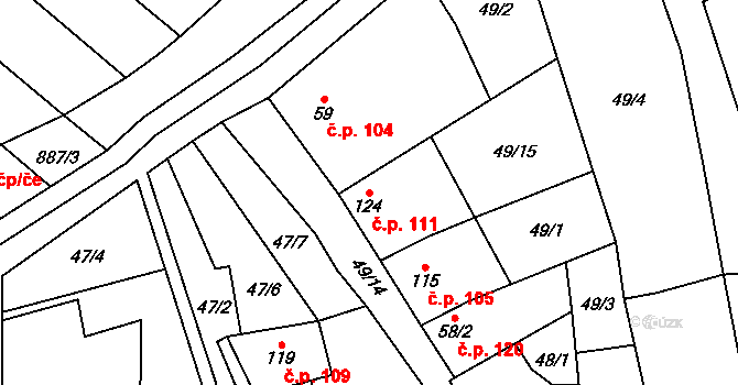 Jestřabice 111, Koryčany na parcele st. 124 v KÚ Jestřabice, Katastrální mapa