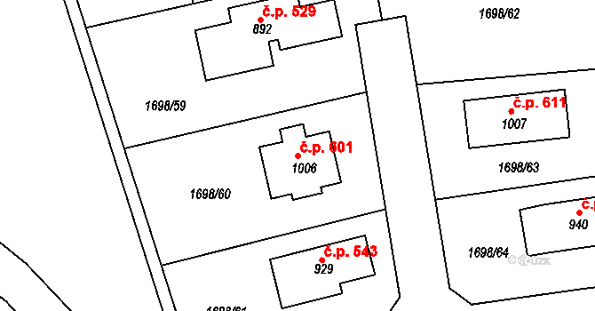Libouchec 601 na parcele st. 1006 v KÚ Libouchec, Katastrální mapa