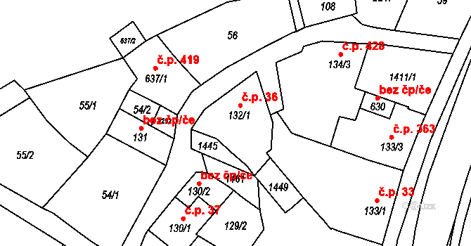 Vranov nad Dyjí 36 na parcele st. 132/1 v KÚ Vranov nad Dyjí, Katastrální mapa