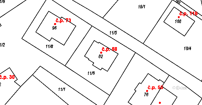 Chmeliště 58, Vavřinec na parcele st. 82 v KÚ Chmeliště, Katastrální mapa