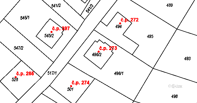 Zruč nad Sázavou 273 na parcele st. 496/2 v KÚ Zruč nad Sázavou, Katastrální mapa