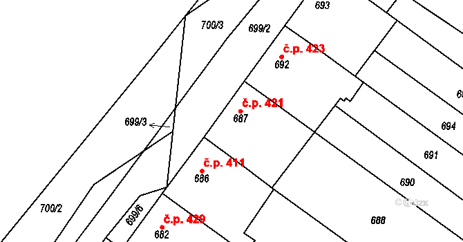 Svatobořice 421, Svatobořice-Mistřín na parcele st. 687 v KÚ Svatobořice, Katastrální mapa