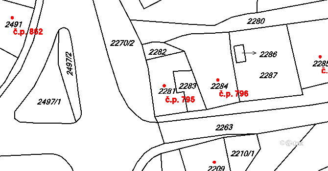 Pod Cvilínem 795, Krnov na parcele st. 2281 v KÚ Opavské Předměstí, Katastrální mapa