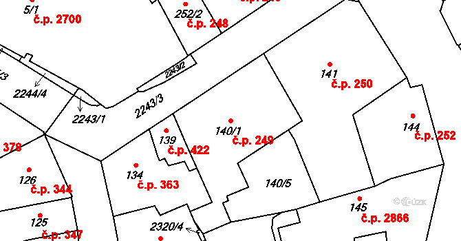 Šumperk 249 na parcele st. 140/1 v KÚ Šumperk, Katastrální mapa