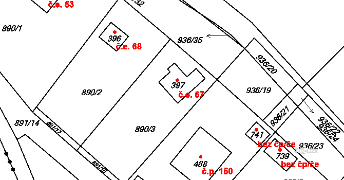 Všestary 67 na parcele st. 397 v KÚ Všestary u Říčan, Katastrální mapa