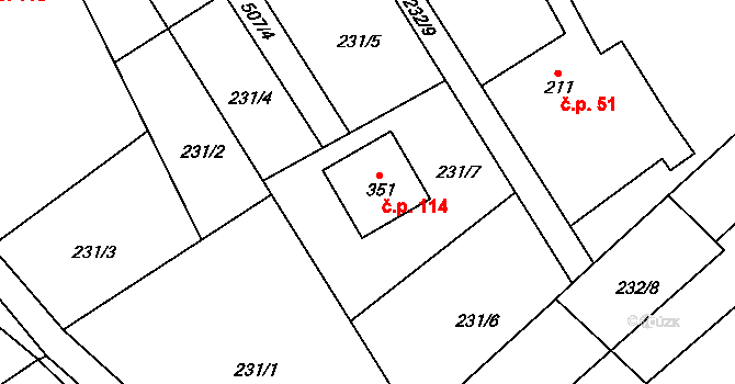 Myslík 114, Palkovice na parcele st. 351 v KÚ Myslík, Katastrální mapa