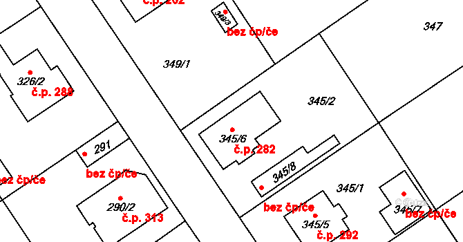 Třebestovice 282 na parcele st. 345/6 v KÚ Třebestovice, Katastrální mapa