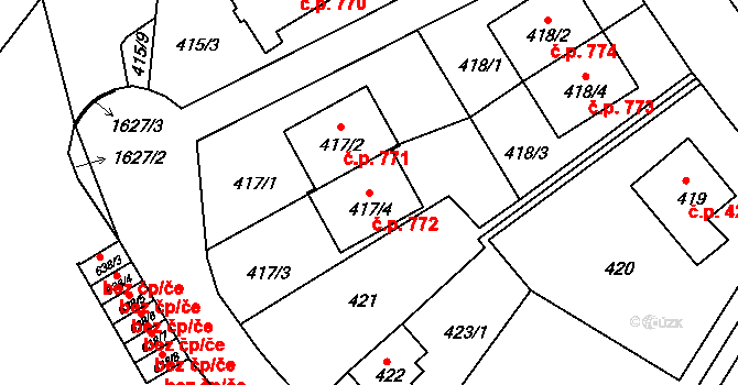 Hlubočepy 772, Praha na parcele st. 417/4 v KÚ Hlubočepy, Katastrální mapa