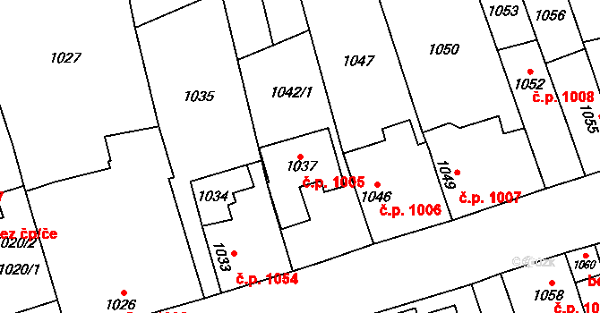 Kyje 1005, Praha na parcele st. 1037 v KÚ Kyje, Katastrální mapa