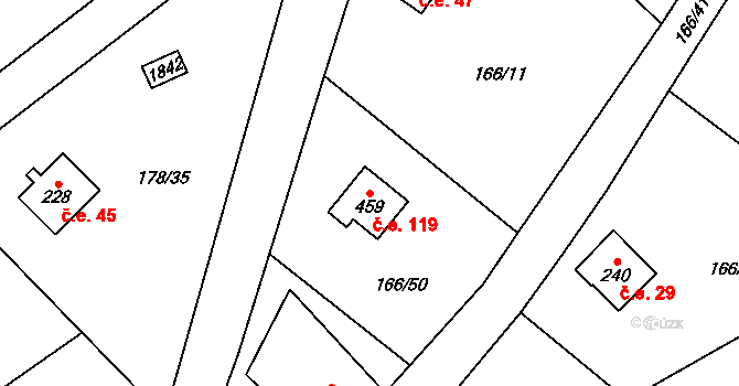 Lhotka 119, Svinaře na parcele st. 459 v KÚ Svinaře, Katastrální mapa